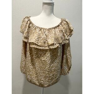 Michael Kors Womens Ocelet Printed Ruffled White Khaki Large Top Blouse Boho